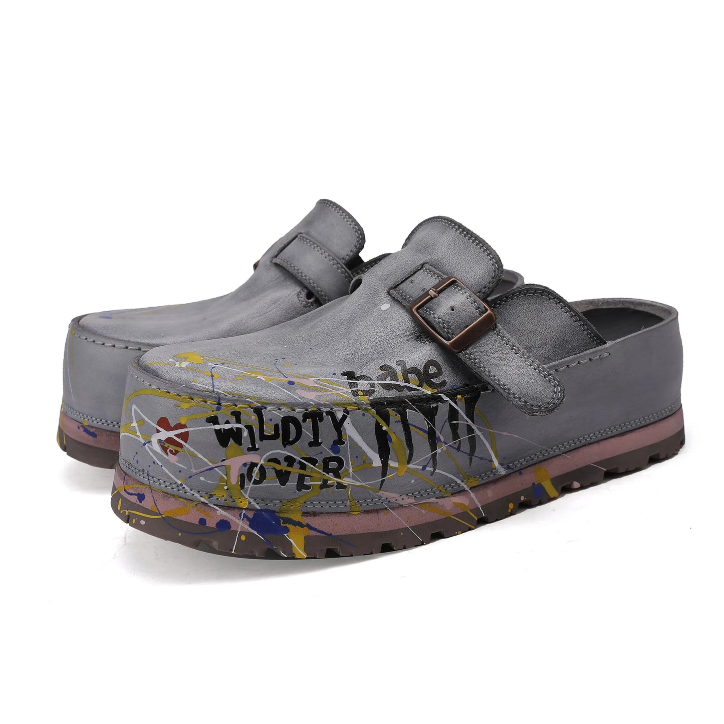 Hand Drawn Leather Platform Slippers with Round Toe for Women