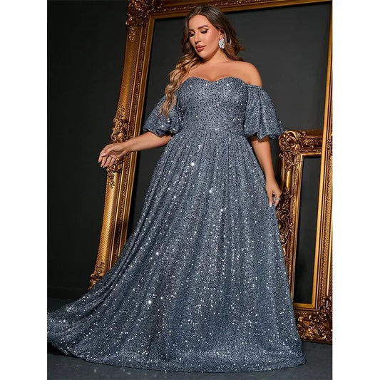 Plus Size Off-Shoulder Gray Silver Short-Sleeved Luxury Bridesmaid Evening Dress Banquet Bigsize Long Dress For Women 4xl 5xl