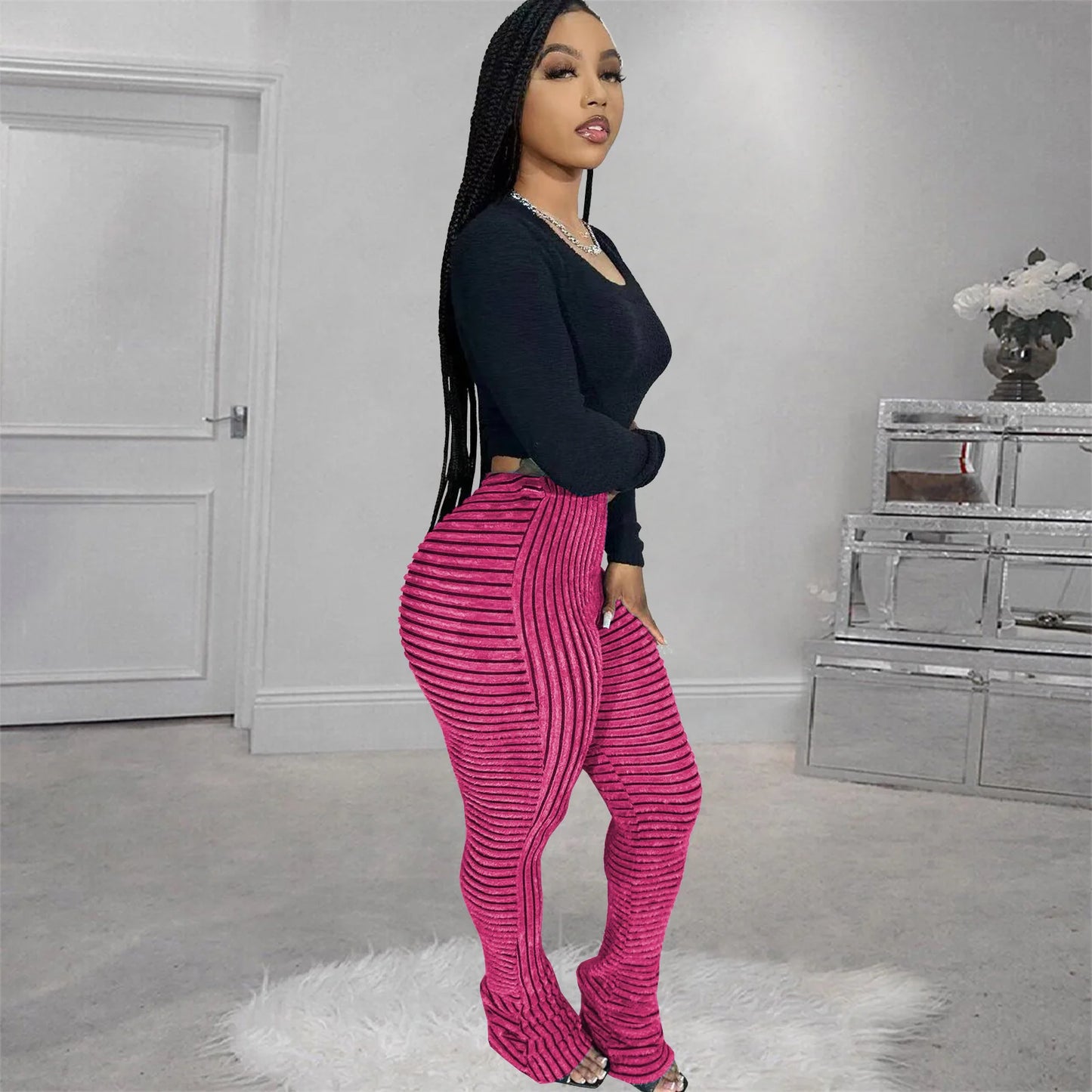 FAGADOER Stripe Plush Stacked Pants Women Casual Solid Color Fur Patchwork Flare Trousers Y2K Female Streetwear Bottoms 2025 New