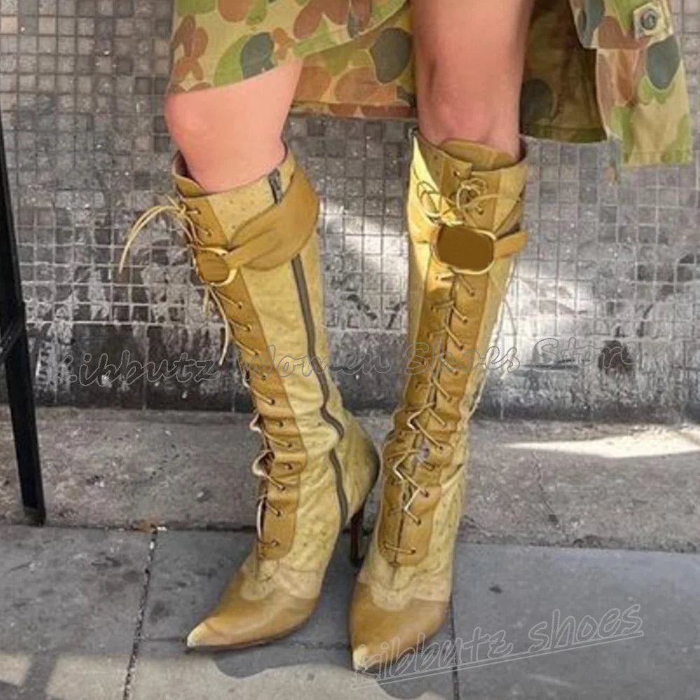 Leopard Knee High Boots Belt Buckle Lace-Up Pointy Thin Heels Luxury Elegant Concise Sexy Fashion Novelty Mixed Color Shoes New