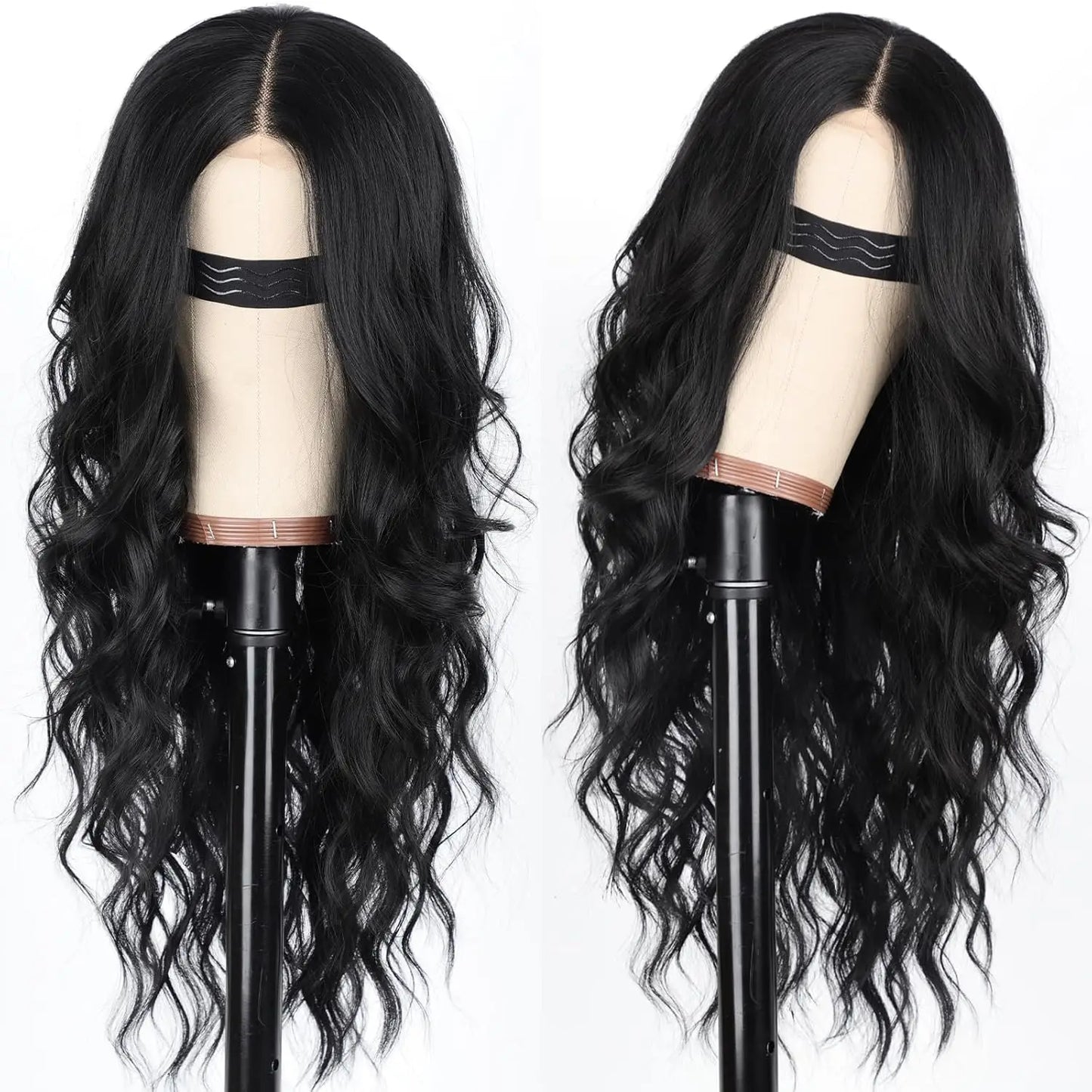 Black Long Wavy Synthetic Lace Hairline Middle Part Wig For Women