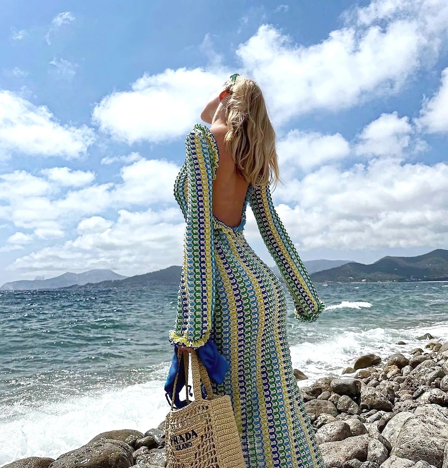 Sexy Backless Flare Sleeve Lace Knit Cut Out Party Beach Maxi Dress 2025 Summer Women Vacation Beachwear Swimsuit Cover Up A2815