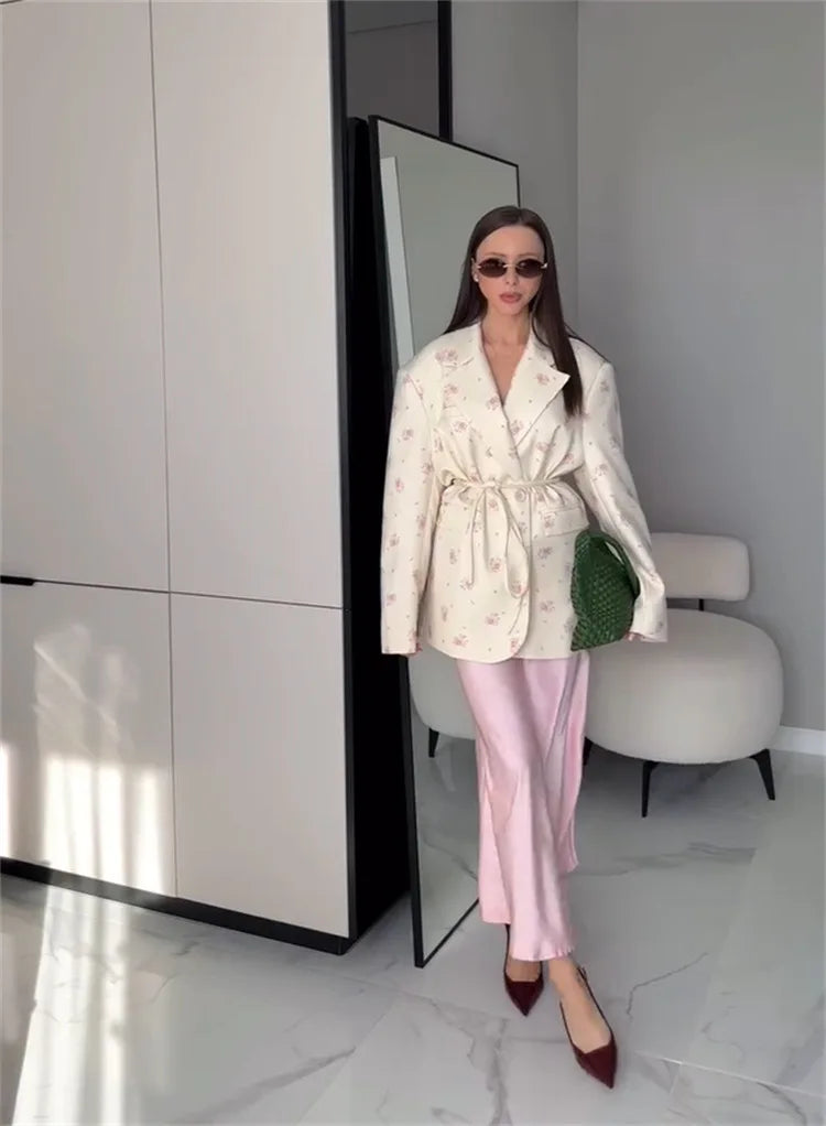 Printed Lace Up Casual Notched Blazer Jacket for Women