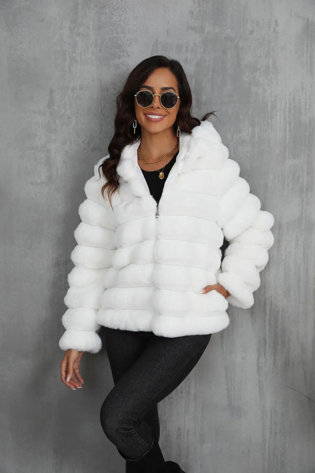 Warm Hooded Short Faux Fur Coat With Turn Down Collar for Women