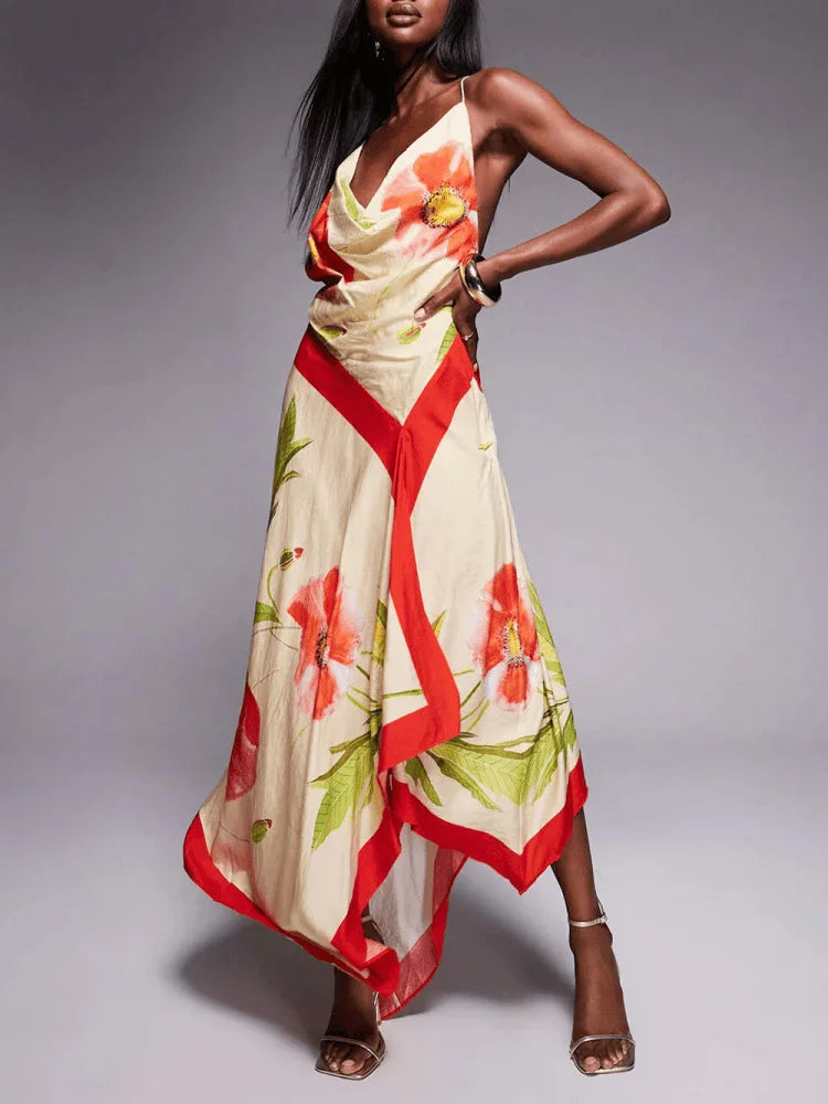 Floral Print Spaghetti Strap Backless Dress for Women