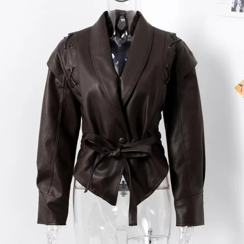 Women Leather Bomber Jackets Coats With Belt Notched Shoulder Pads Motorcycle Street Chic Short Outwear Fashion Solid Lace Up