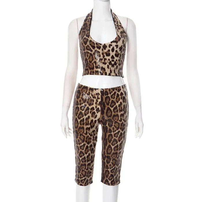 Tank Top Sets for Women Clothing Summer 2025 Sexy Neck Hanging Leopard Print Sequined Sleeveless Vest and Shorts Suit Streetwear