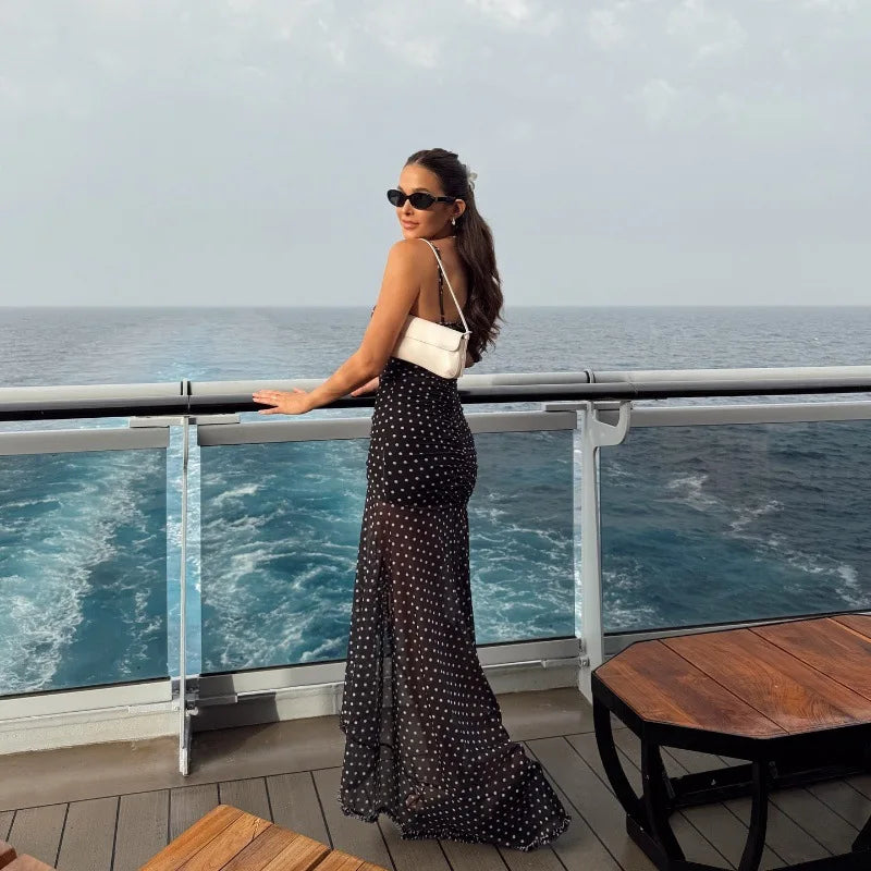 Cryptographic Summer Boho Polka Dot Split Ruched Dress Holiday Outfits for Women Sexy V Neck Backless Slip Mesh Dresses Clothes