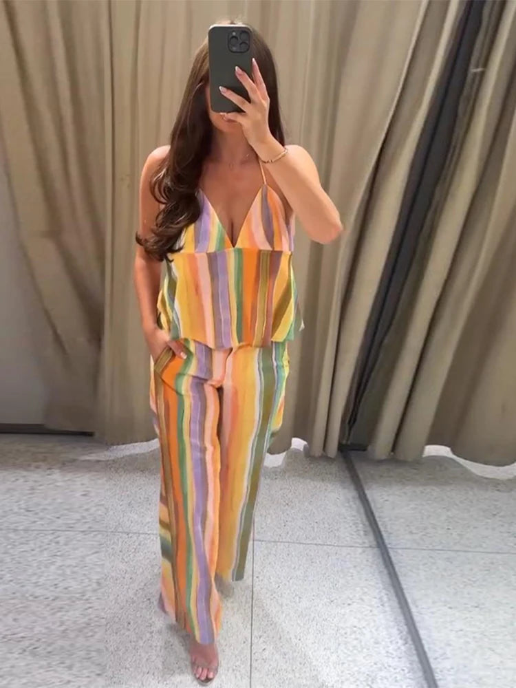Cotton Striped High Waist Two Piece Summer Set For Women