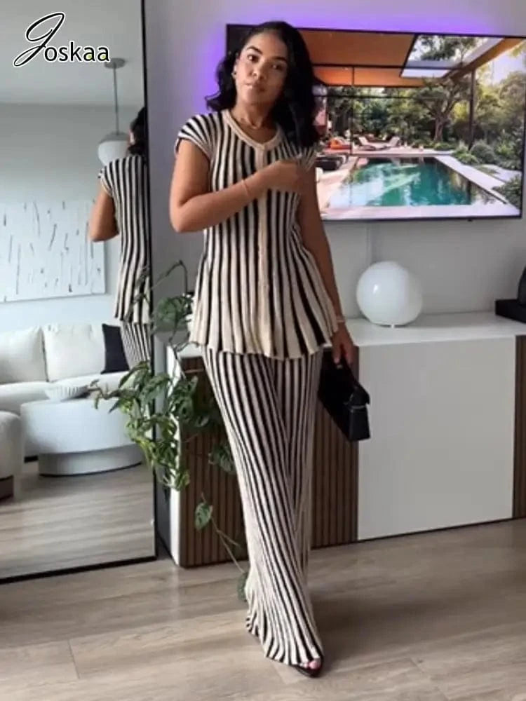 Joskaa 2025 Women's Striped Knit Two Piece Set Casual O-Neck Sleeveless Sweater Vest and Flared Pants Matched Vintage Streetwear