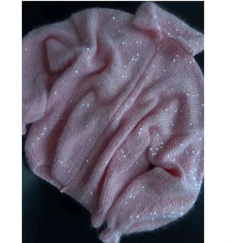 Sequins Knit Women 's Sweater Elegant Stand Collar Y2k Full Sleeve Sweaters Lady 2025 New Autumn Winter Woman Jacket Knitwear