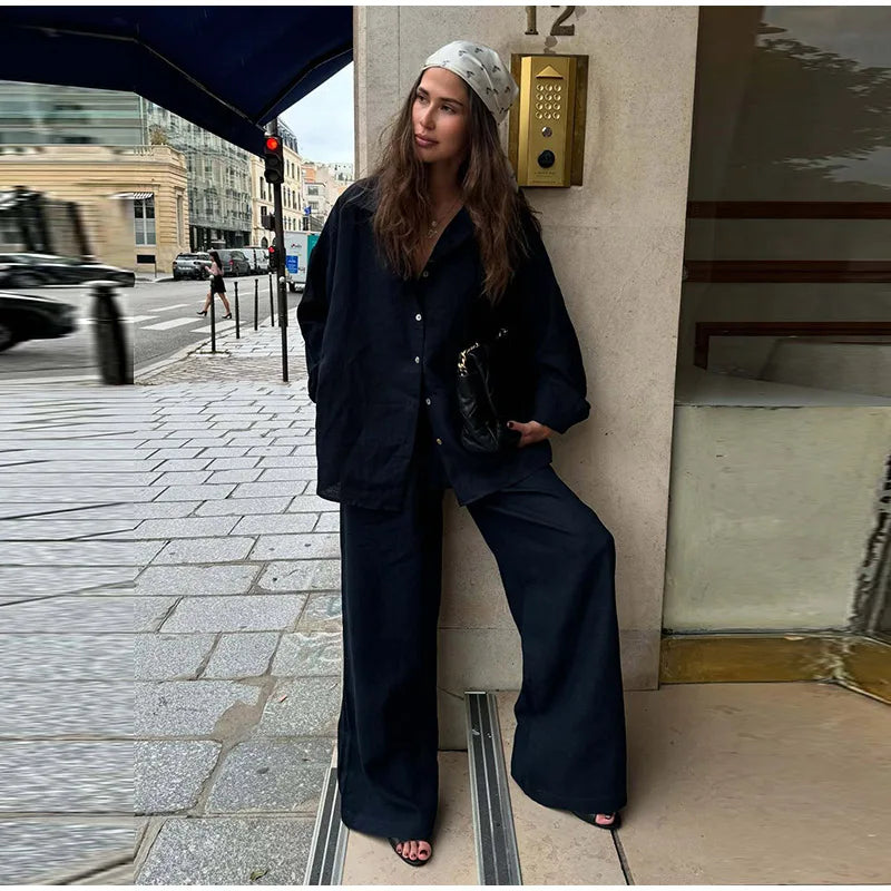 Casual Solid + Shirt and Wide Leg Pants Set + for Women