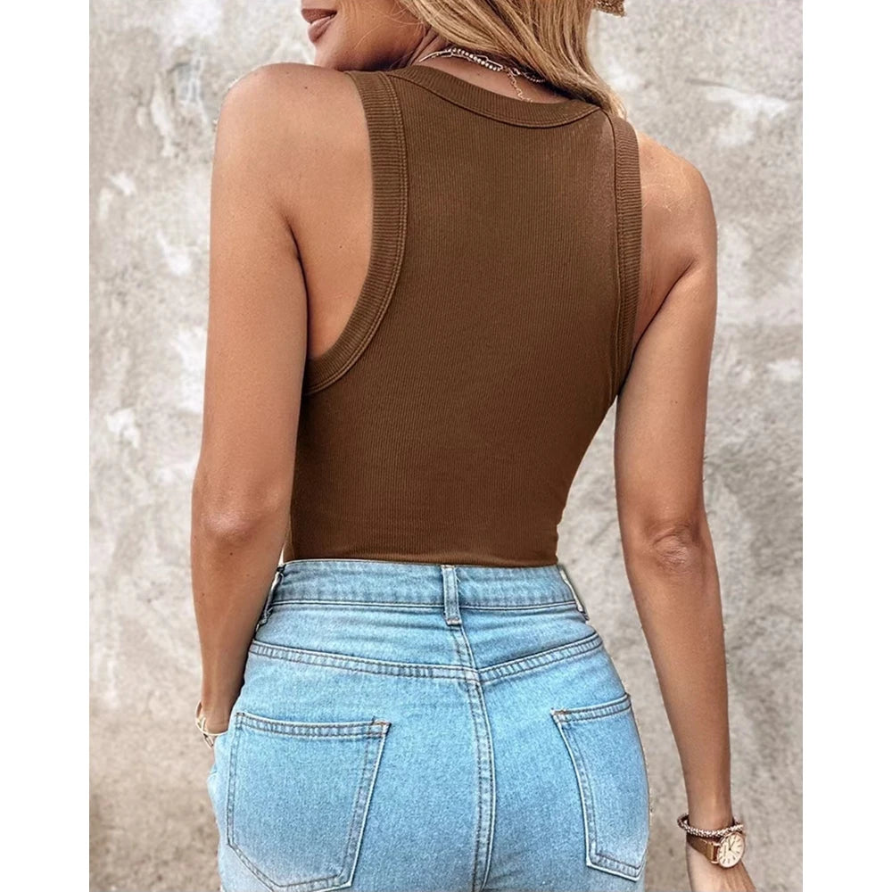 New Style Summer Round Neck Ribbed Tank Top With Bra Pads Fashion Sexy Femme Casual Sleeveless Top Solid T Shirt Streetwear