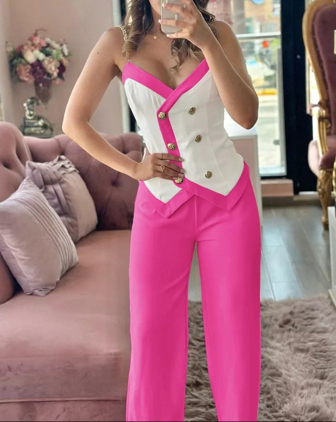 V-Neck Metal Suspender Top Two-Piece Set for Women