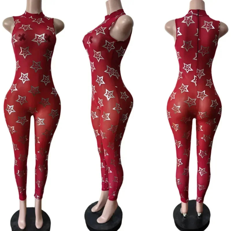 Metallic Star Mesh Party Catsuit Jumpsuit for Women