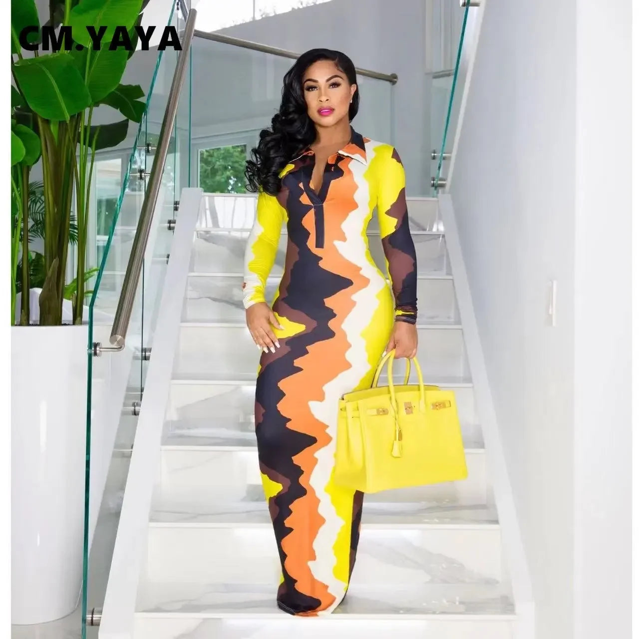 CM.YAYA Women Tie Dye Wave Long Sleeve Button Turn-down Collar Midi Maxi Long Dress Autumn Winter Party Evening Bodycon Dresses