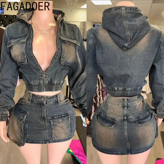 Retro Denim Patchwork Cargo Set