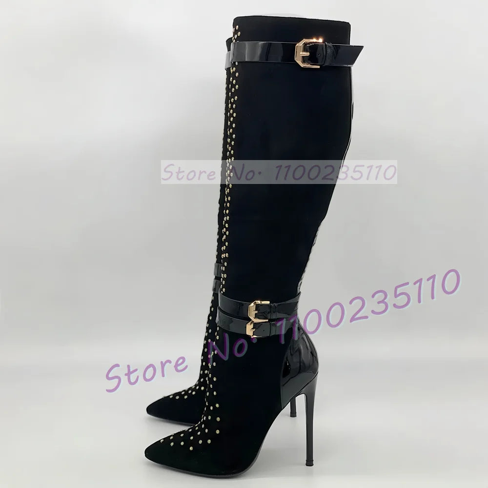 Crystal Embellished Pointed Toe Knee High Boots For Women
