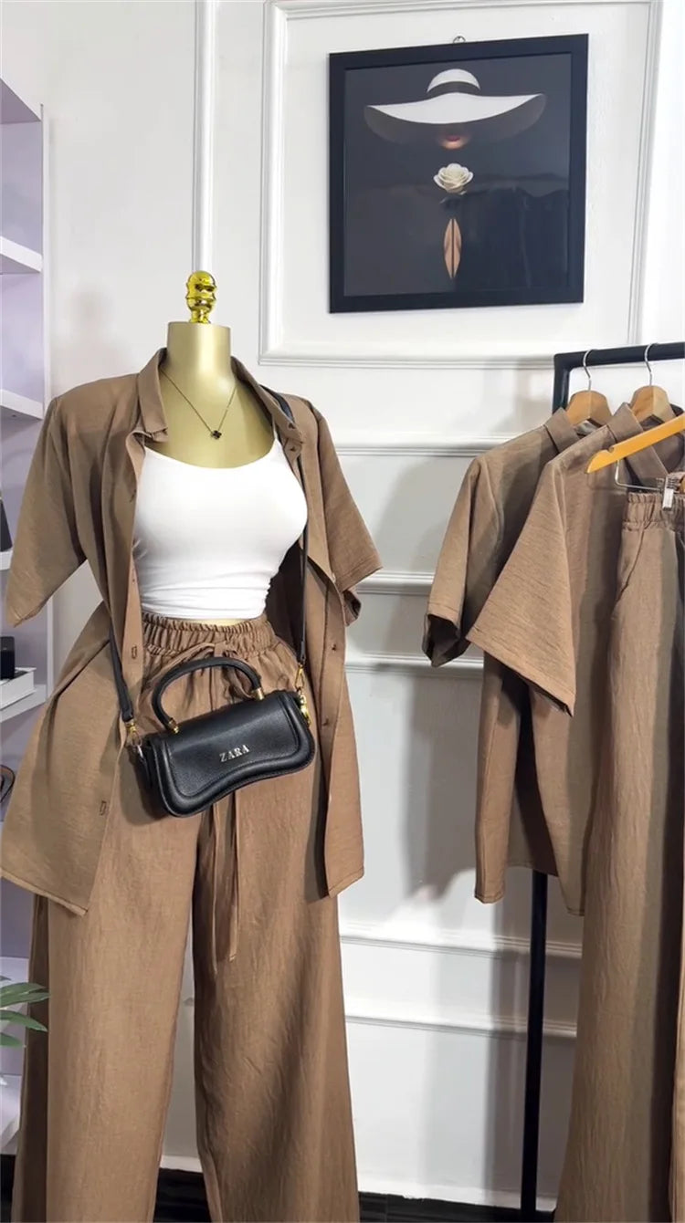 Casual Two Piece Shirt and Wide Leg Pants Set for Women