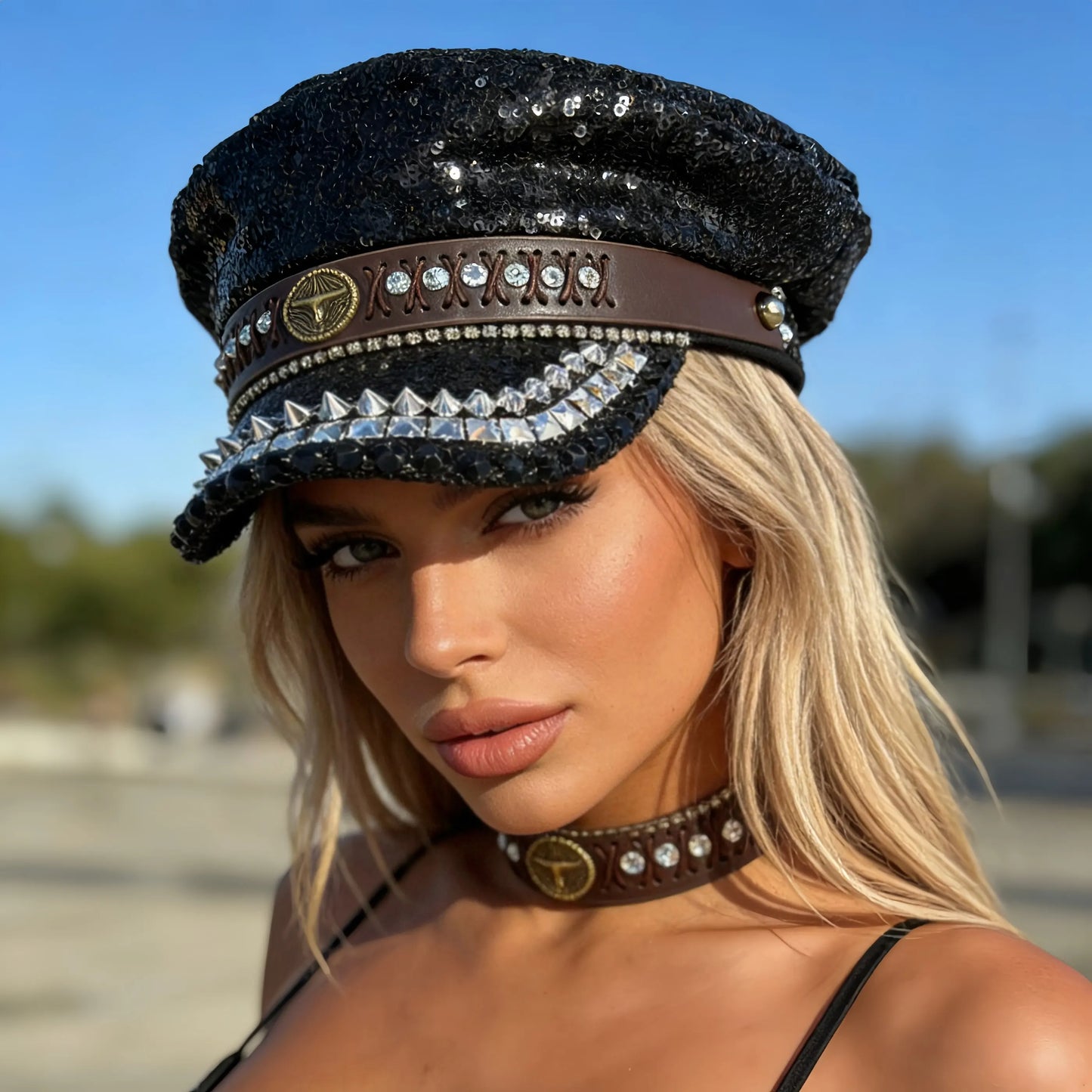 Black Luxury Steampunk Rhinestone Baseball Cap for Women
