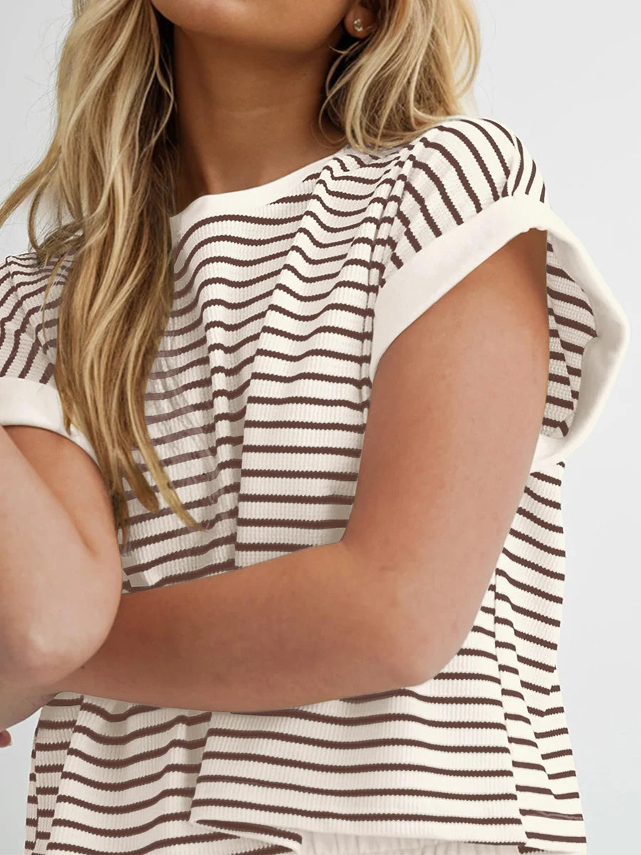 Women’s Casual 2 Piece Outfits Summer Short Sleeve Stripes Print Tops + Elastic Waist Shorts Set Loungewear for Sports Work Out