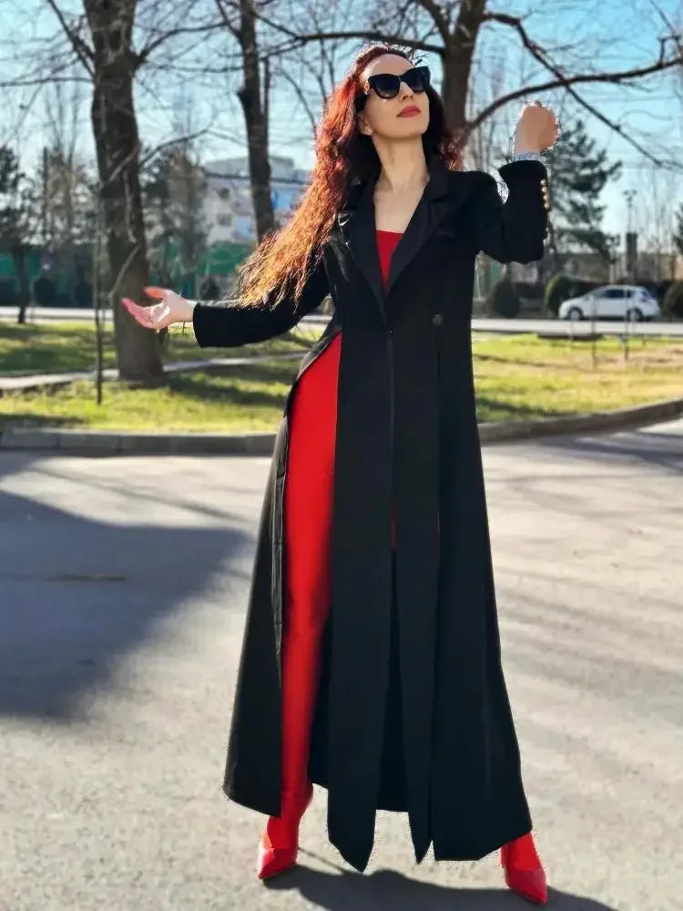 Bonboho 2026 Women's Elegant Blazer Jacket Solid Black Slim Long Sleeve Extra-Long Splited Blazer Coat Female Formal Outerwear