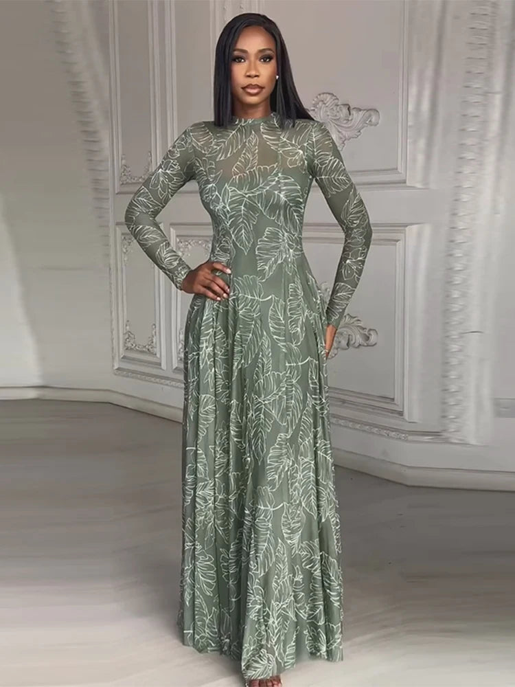Beach Print Pleated Long Sleeve Maxi Dress for Women