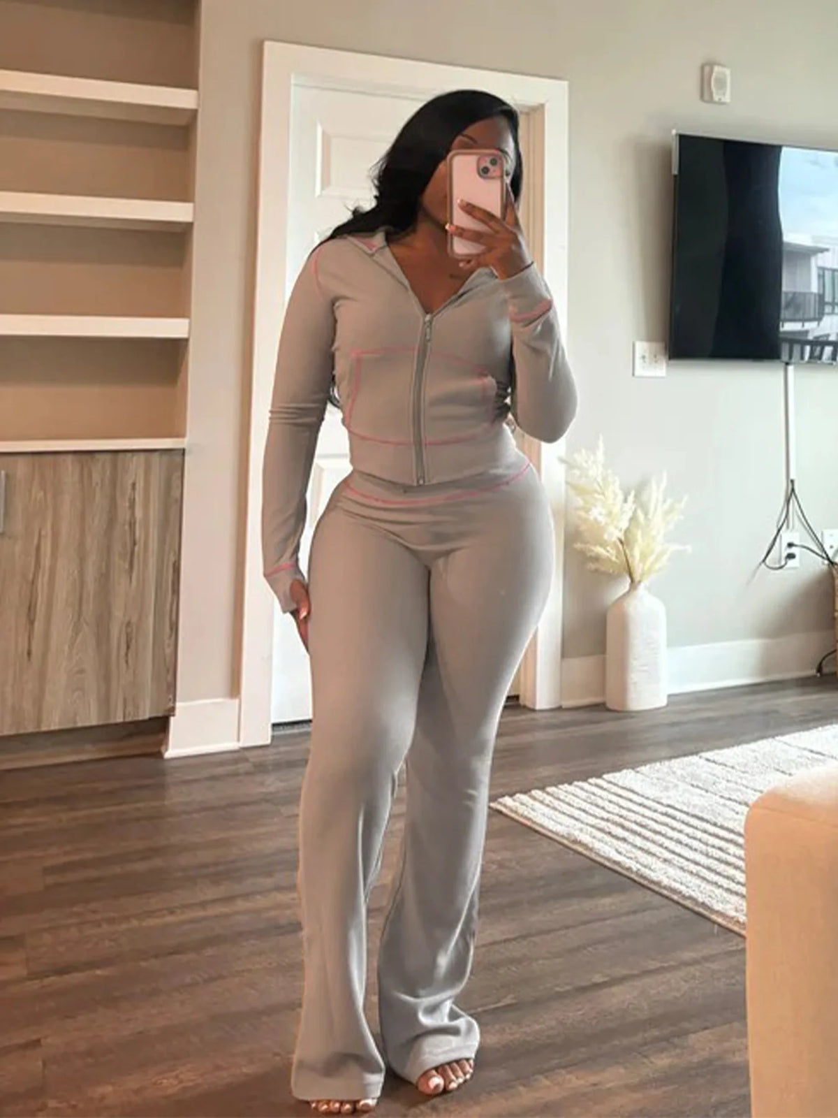Hooded Long Sleeve Two Piece Matching Pants Set for Women