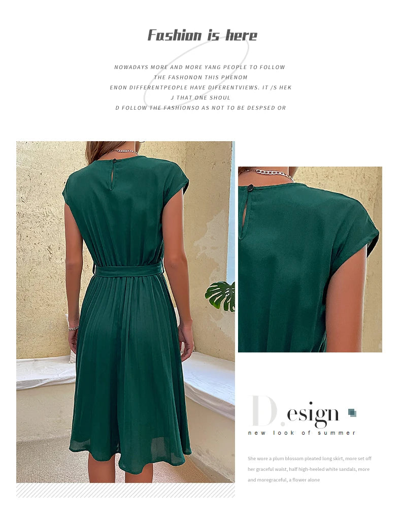 Chic Casual Pleated Short Sleeve Midi Dress for Women