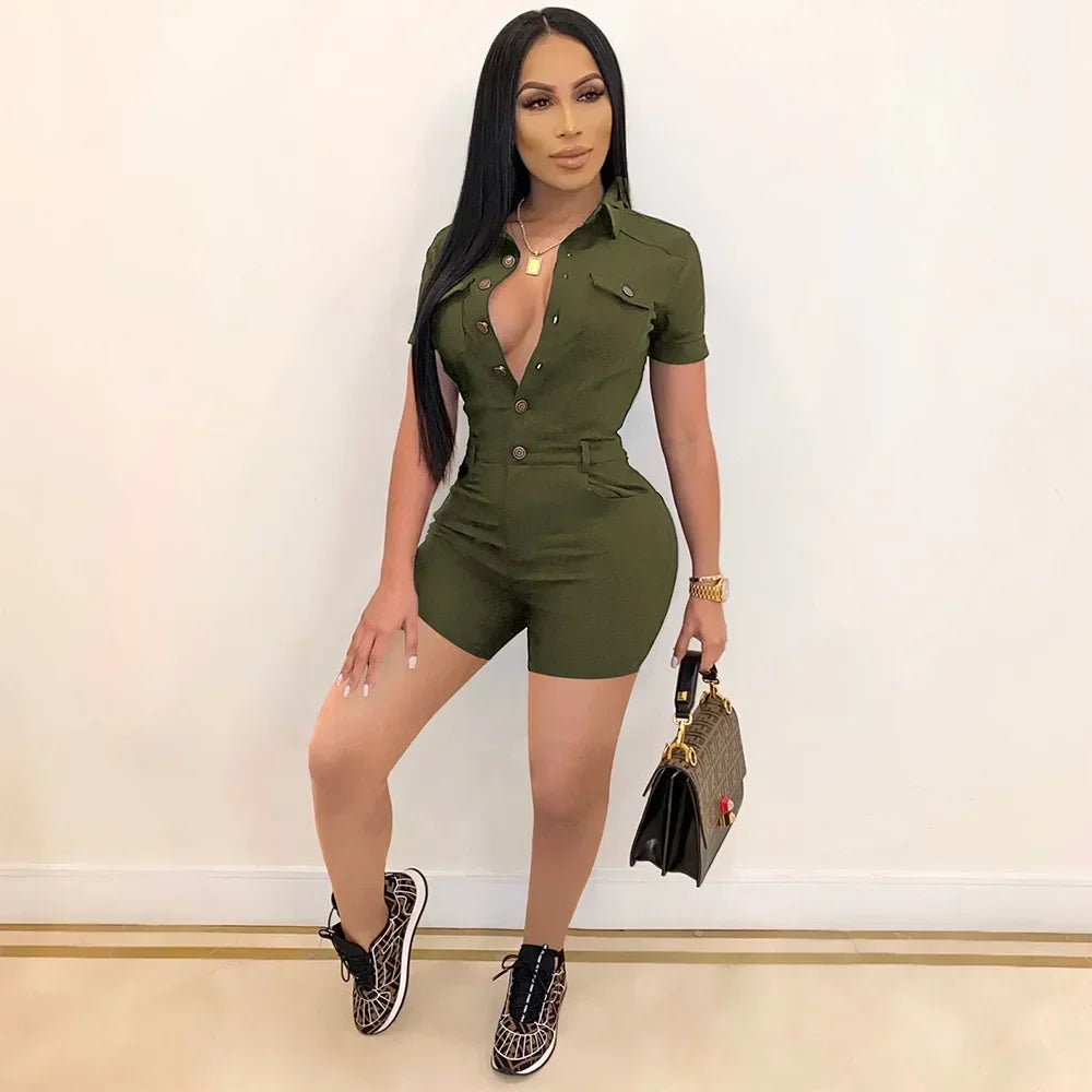 Summer V Neck Mesh Cargo Short Jumpsuit for Women