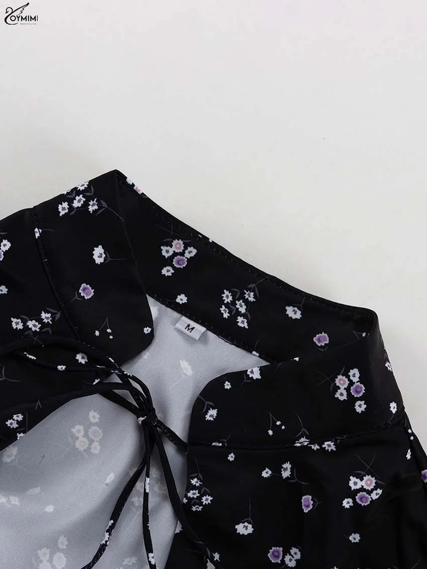 Oymimi Elegant Black White Womens Dresses Fashion Three Quarter Sleeve Hollow Out Dresses Casual High Waisted Mini Dress Female