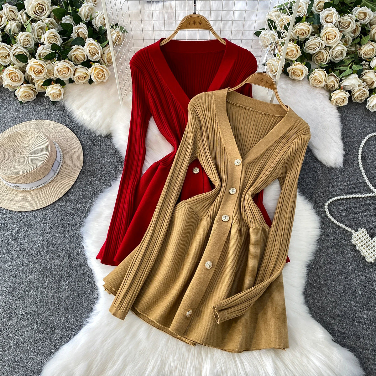 V Neck Knit A Line Long Sleeve Mini Dress for Women