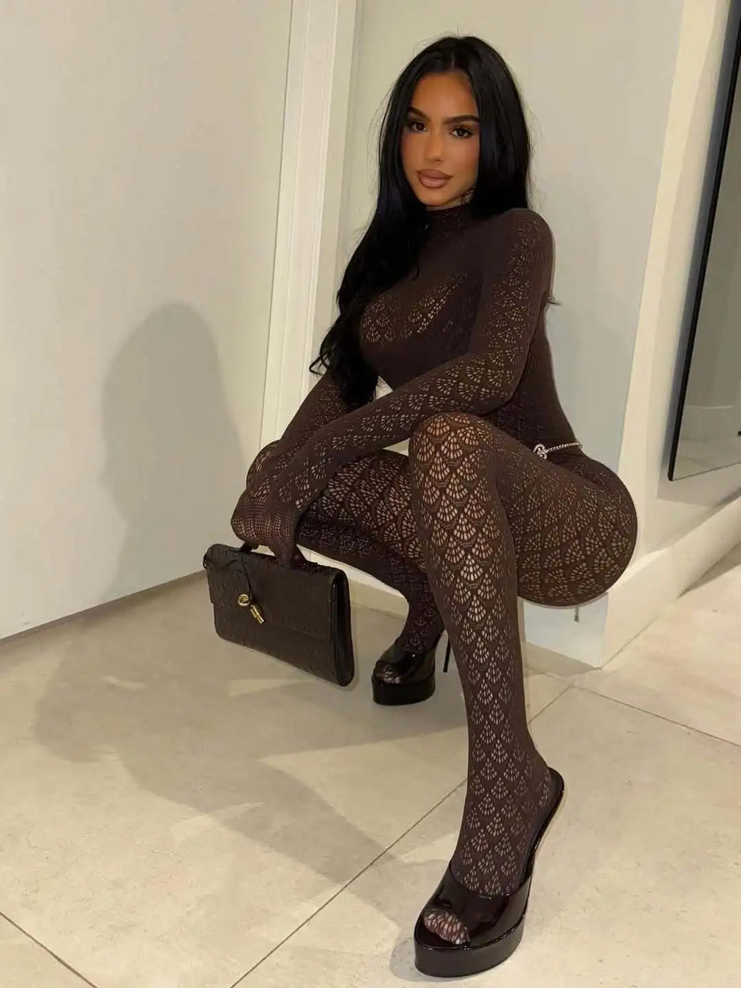 See Through Lace Hollow Out Patchwork Bodycon Jumpsuit for Women