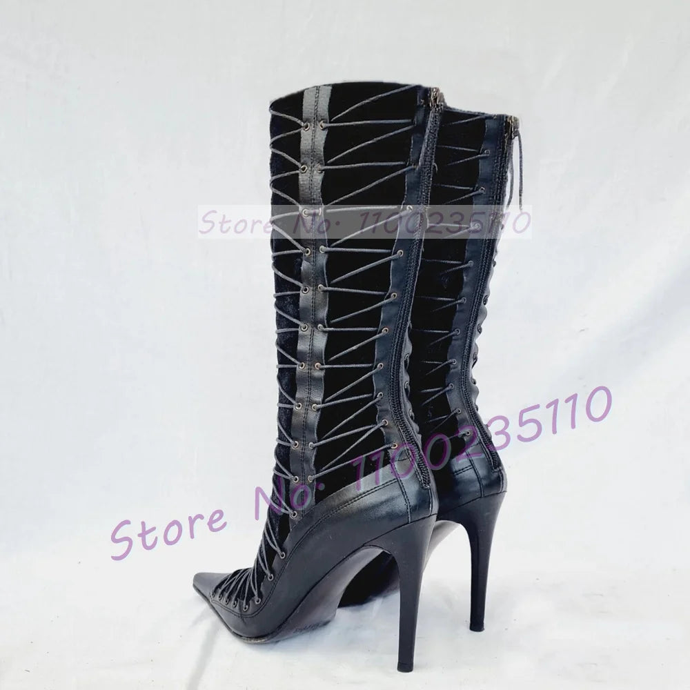 Red-Brown Cross Tied Mid Calf Boots Women Fashion Multi Thin Straps Stilettos Ladies Splicing Leather Side Zipper Pointy Boots