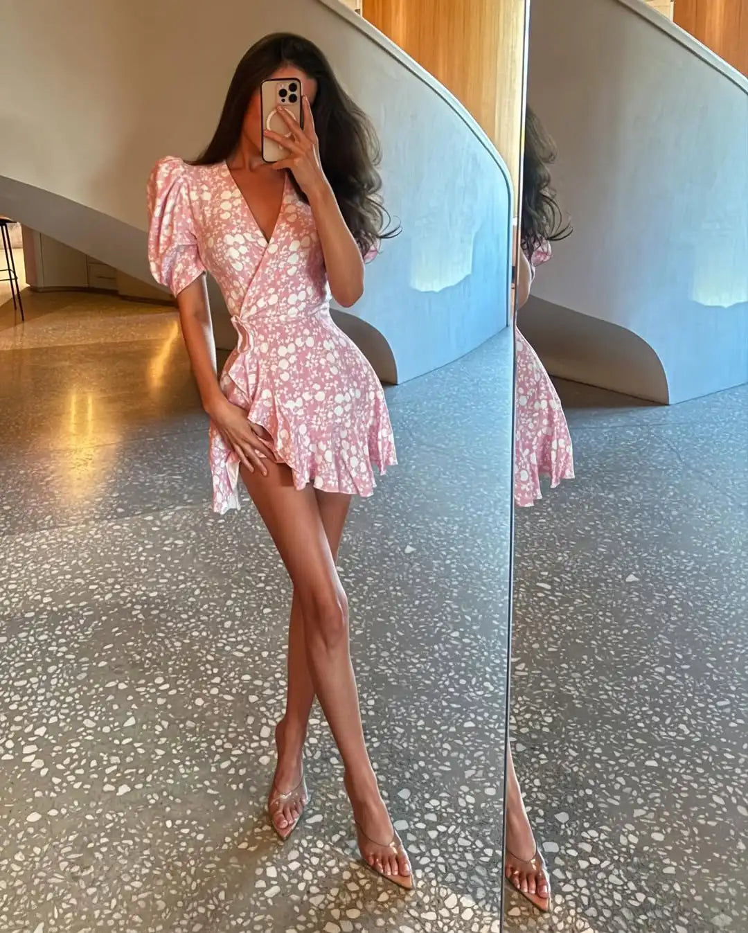 Floral Printed Lace Up Puff Sleeve Mini Dress for Women
