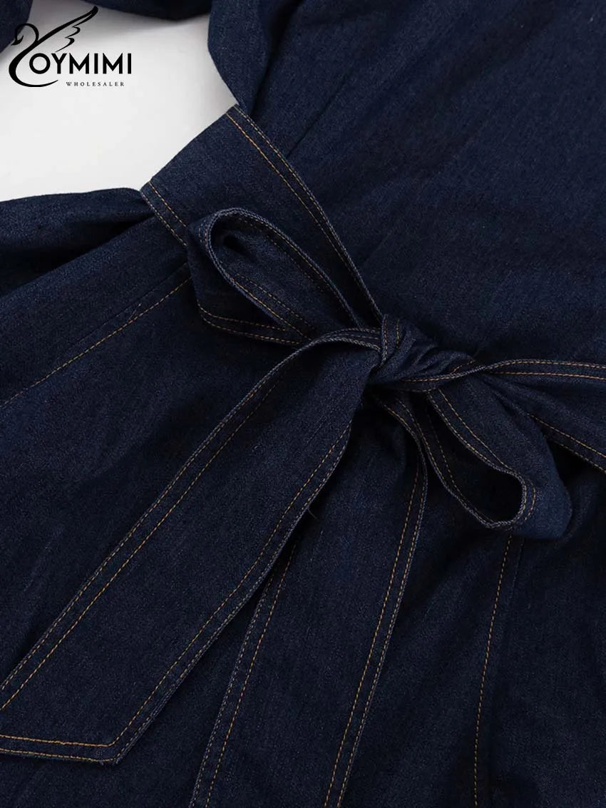 Oymimi Elegant Blue Denim Womens Dresses Fashion O-Neck Long Sleeve High Waisted Dresses Casual Button Mini Dress Streetwear