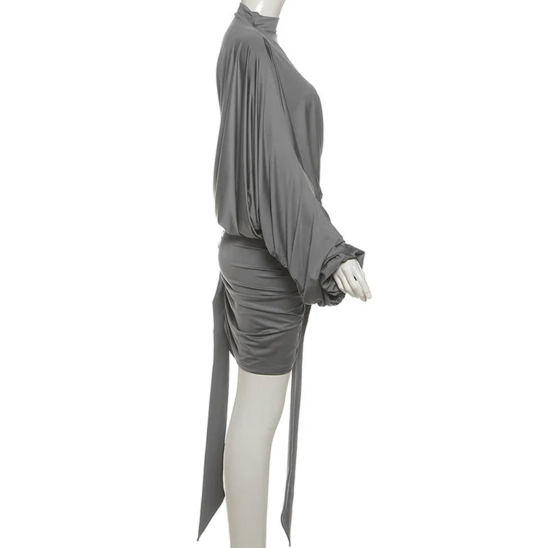 Asymmetrical Ruched One Shoulder Turtleneck Top Two Piece Set for Women