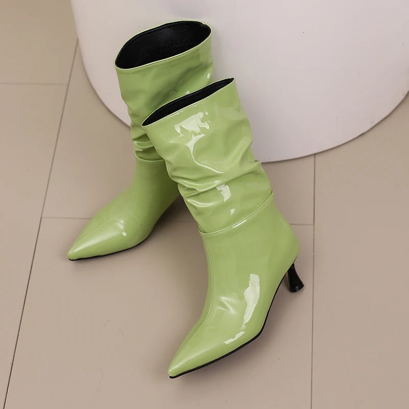 Patent Leather Pointed Toe Mid Calf Slouch Boots for Women