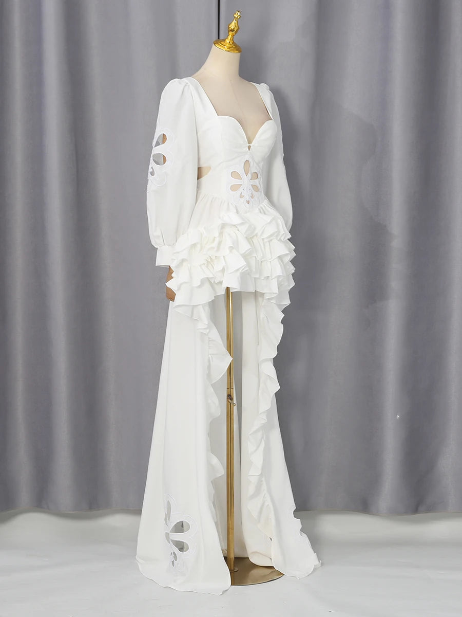 White Floral Cutout Puff Sleeve Gown With Asymmetric Train for Women