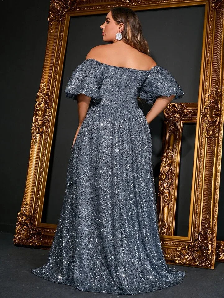 Plus Size Off-Shoulder Gray Silver Short-Sleeved Luxury Bridesmaid Evening Dress Banquet Bigsize Long Dress For Women 4xl 5xl