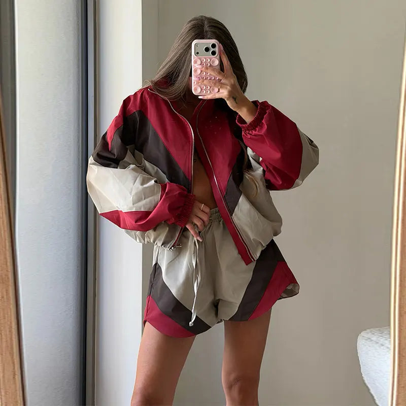 Contrast Color Zip Jacket and Shorts Two Piece Set for Women