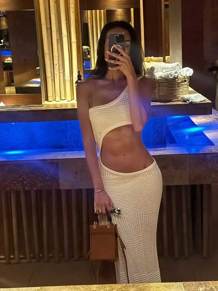 Women Y2k Knit Wrap Beach Maxi Dress Cut Out Beachwear Cover Up Sexy One Shoulder Crochet Bodycon Dress Party Club Outfit K25