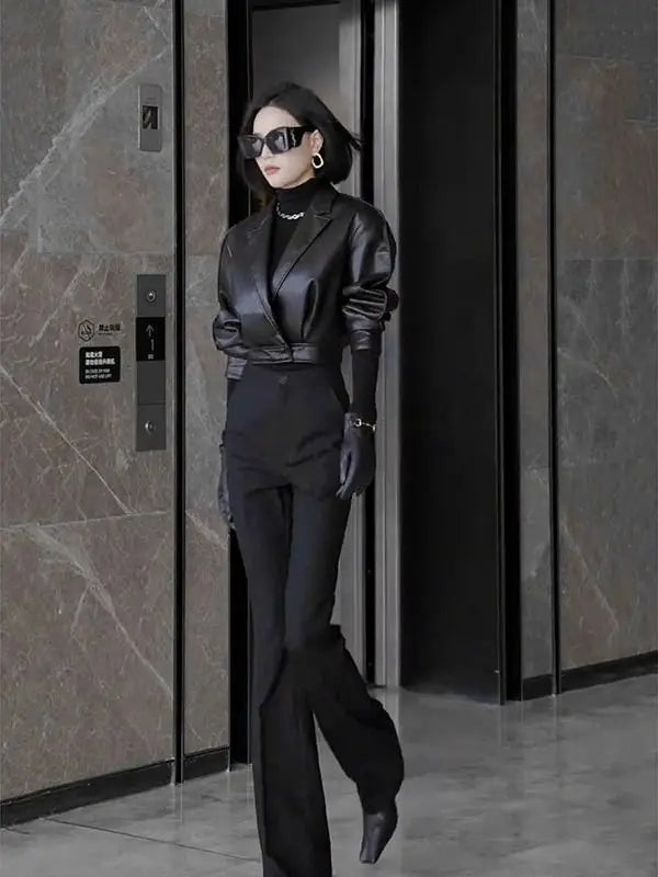 Trendy Faux Leather Blazer And Flared Pants Set For Women
