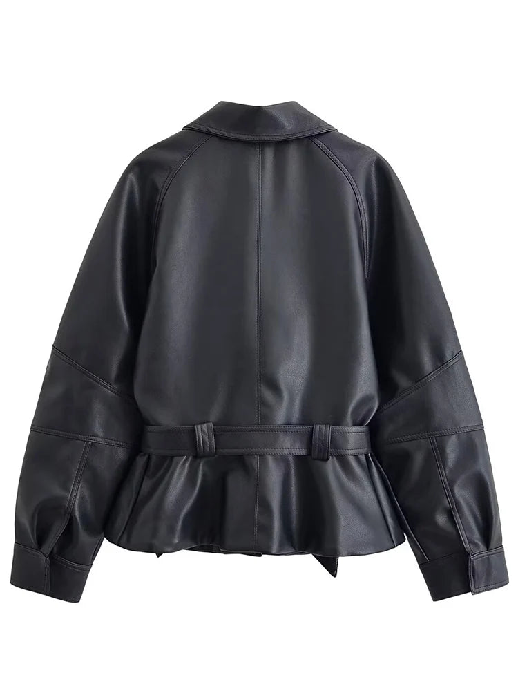Vintage Black Belted Faux Leather Jacket for Women