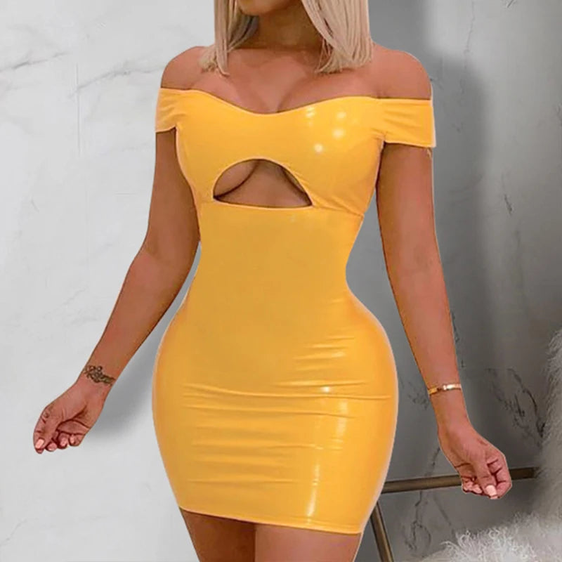 Off Shoulder Hollow Back Faux Leather Mini Dress for Women