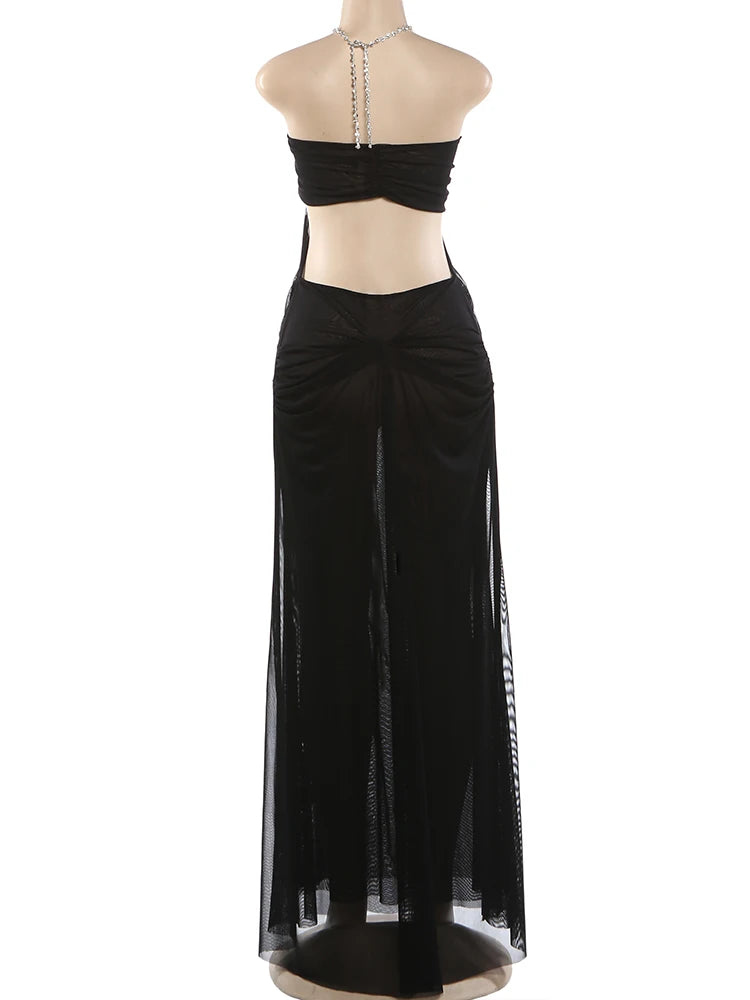 See-Through Halter Chain With Sleeveless Low-Neck Backless Gown for Women