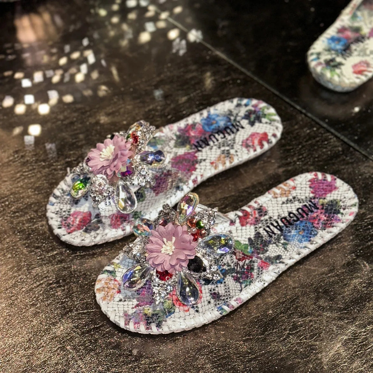 Crystal Flower Platform Outdoor Slippers for Women