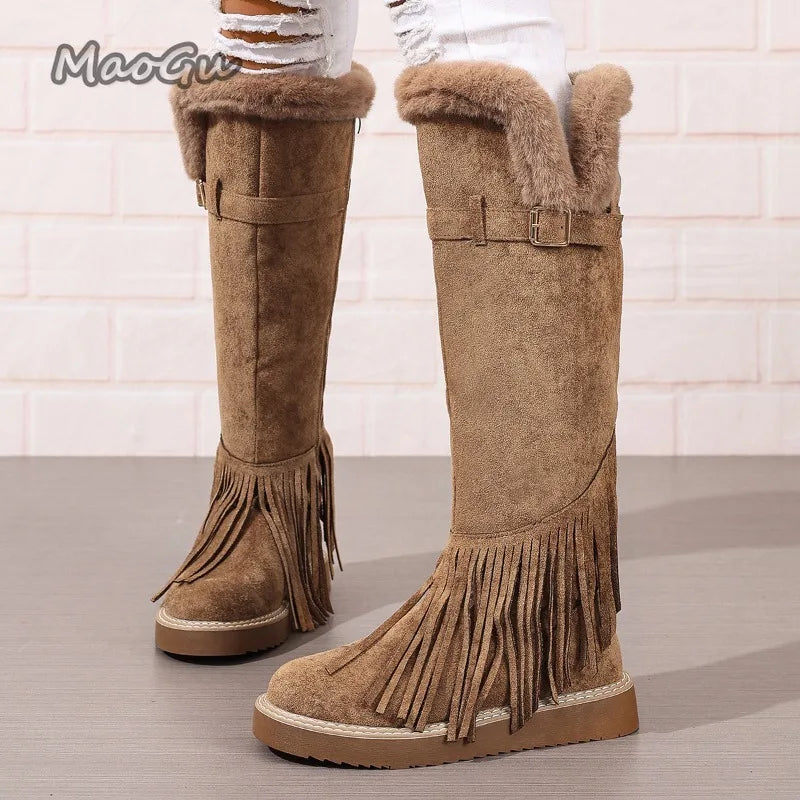 Faux Fur Lined Suede Knee High Fringe Boots for Women