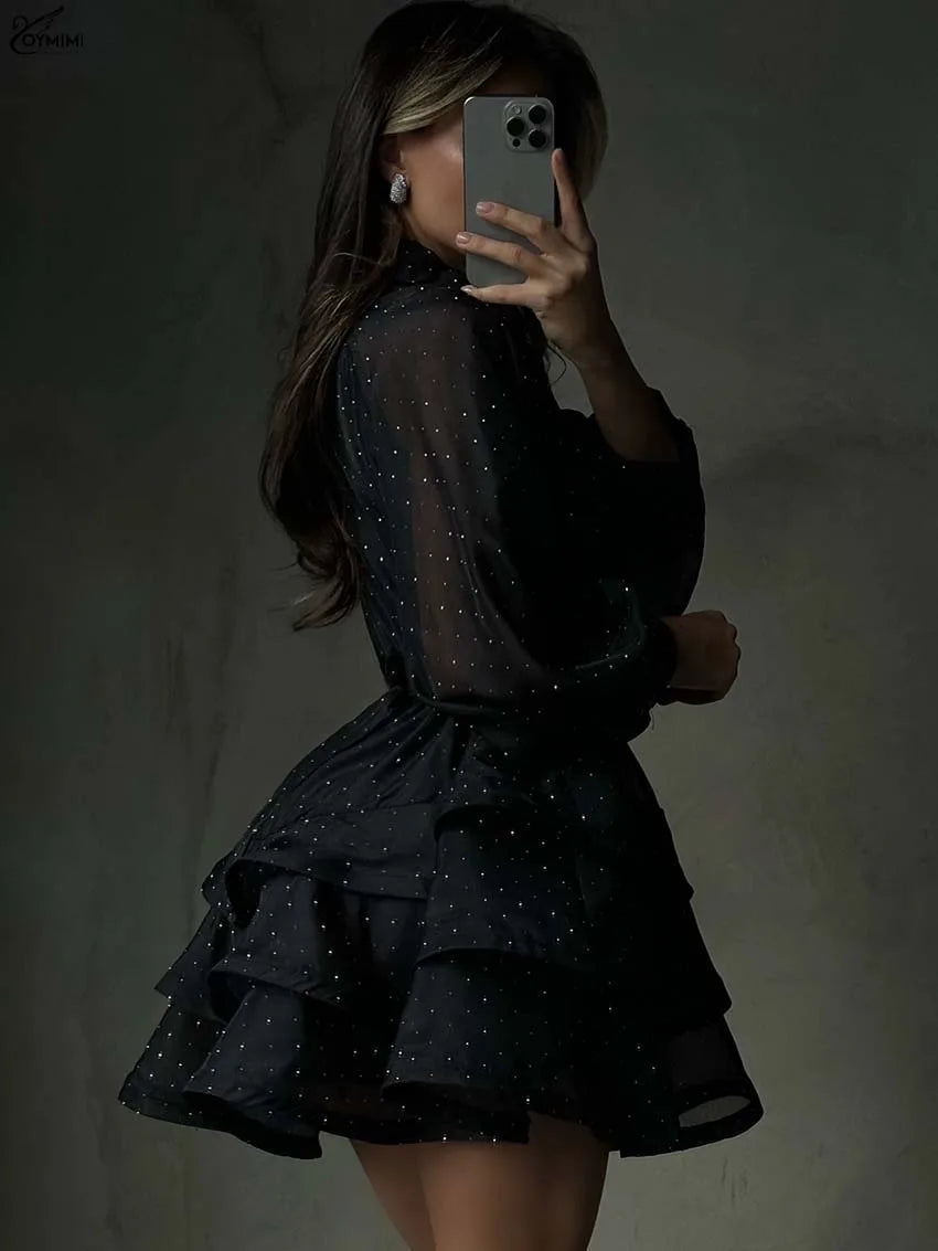 Oymimi Fashion Black Rhinestone Women's Dress Casual Lapel Long Sleeve Button Dresses Elegant New Lace-Up Pleated Mini Dresses