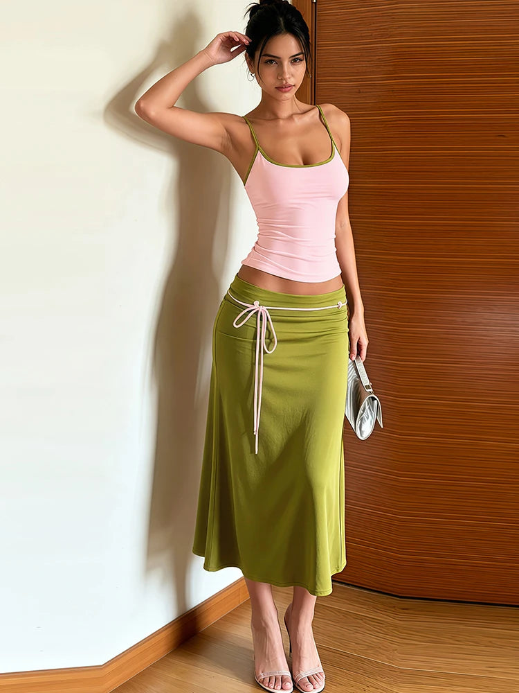 Color Blocking Backless Camisoles and Ribbon Long Skirts Two Piece Set for Women